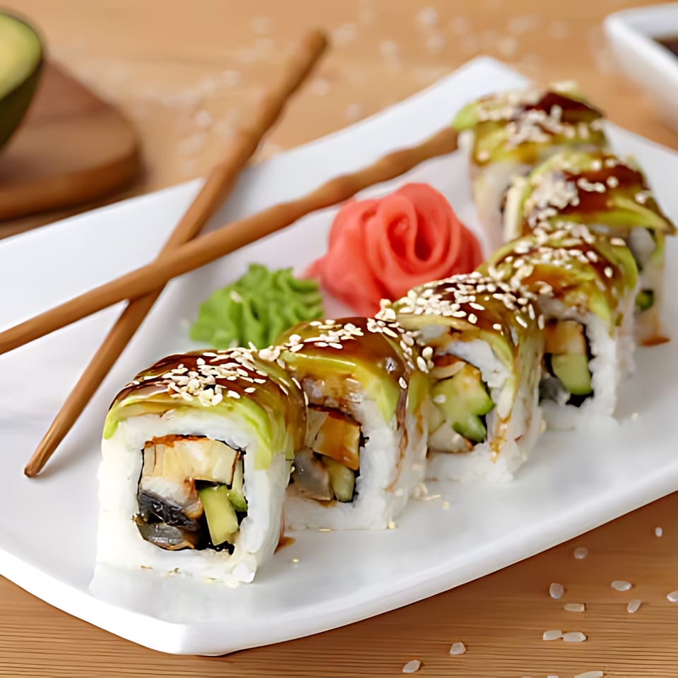 Dragon Roll sushi with avocado, eel sauce, sesame seeds, ginger, and wasabi on a white plate.